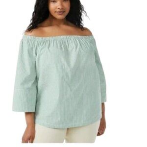 Free Assembly Women's Cold Shoulder Green Stripes Top Blouse ¾ Sleeves Size XL